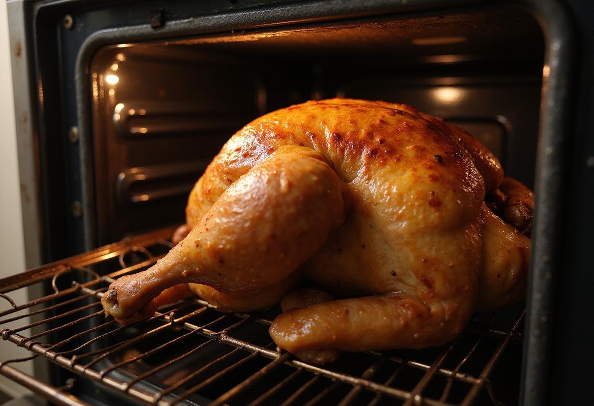 Golden-brown roasted chicken fresh from the oven for a traditional Gilmore Girls Friday Night Dinner, embodying comfort food at its best.