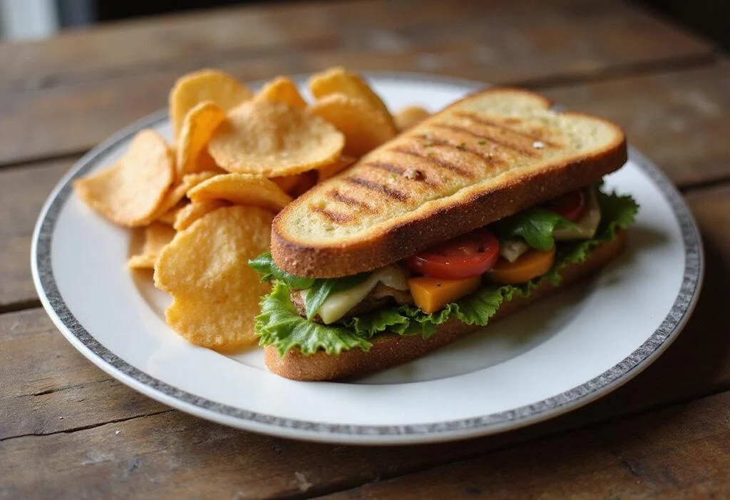 Final presentation of a Gilmore Girls grilled veggie sandwich, artfully arranged with fresh vegetables and crispy chips, ready to be enjoyed.