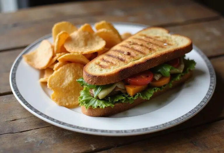 Final presentation of a Gilmore Girls grilled veggie sandwich, artfully arranged with fresh vegetables and crispy chips, ready to be enjoyed.