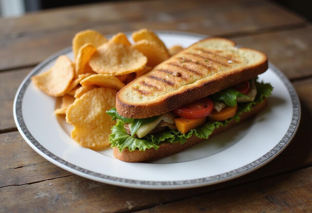 Final presentation of a Gilmore Girls grilled veggie sandwich, artfully arranged with fresh vegetables and crispy chips, ready to be enjoyed.