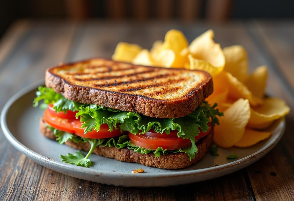 Final presentation of a Gilmore Girls grilled veggie sandwich, artfully arranged with fresh vegetables and crispy chips, ready to be enjoyed.