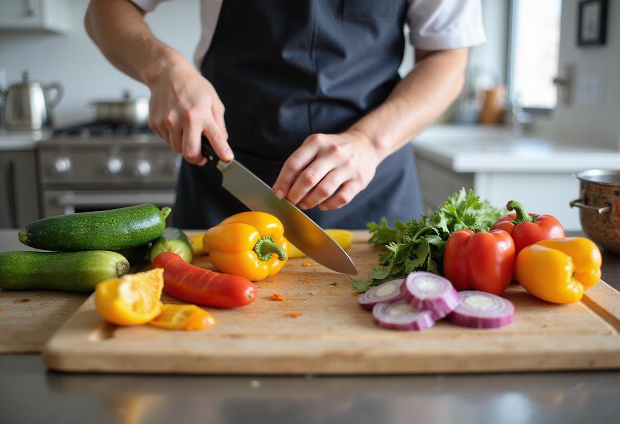 Fresh grilled veggie sandwich ingredients being prepared, showcasing vibrant zucchini, bell peppers, and red onions for a Gilmore Girls-inspired dish.