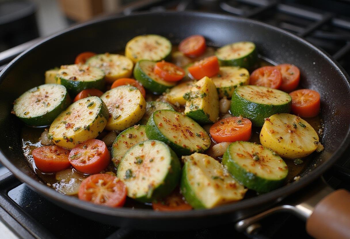 Grilled vegetables cooking on a grill pan, perfect for a delicious Gilmore Girls veggie sandwich, with spices and olive oil enhancing flavors.
