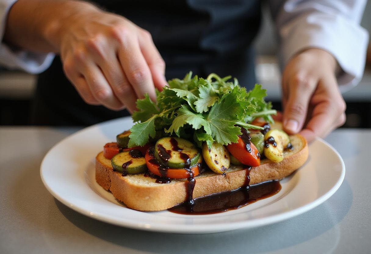 Assembling a Gilmore Girls grilled veggie sandwich with layers of grilled vegetables, balsamic glaze, and fresh greens on toasted bread.