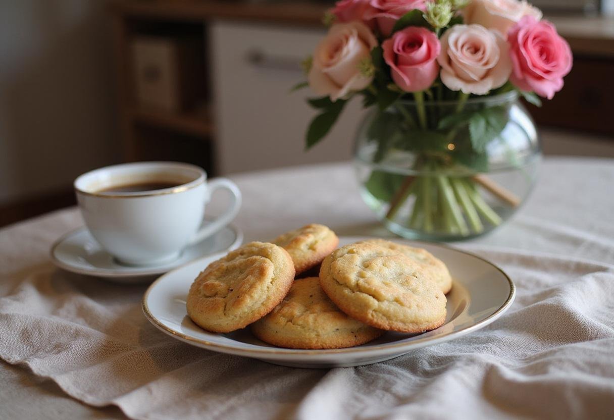 Gilmore Girls homemade cookies beautifully presented on a table with coffee and flowers creating a cozy atmosphere