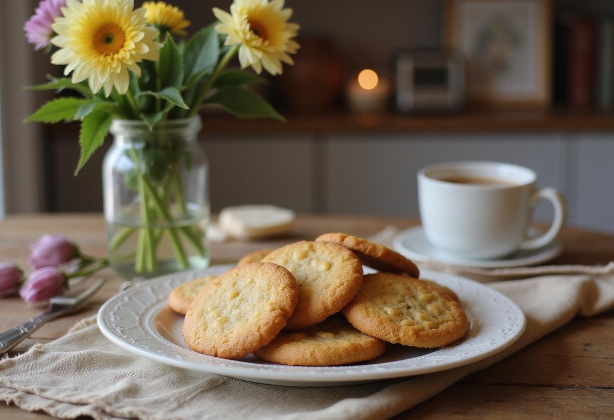 Gilmore Girls homemade cookies beautifully presented on a table with coffee and flowers creating a cozy atmosphere