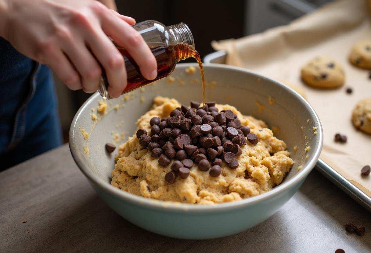 Gilmore Girls homemade cookies adding chocolate chips vanilla extract to cookie dough on a rustic kitchen counter