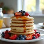 Stunning presentation of Gilmore Girls Pancake Stack with syrup and berries on a bright breakfast table.