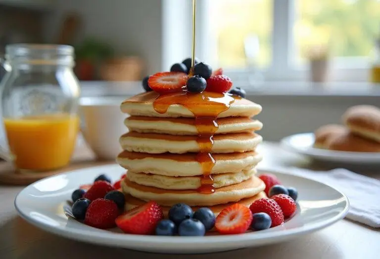 Stunning presentation of Gilmore Girls Pancake Stack with syrup and berries on a bright breakfast table.