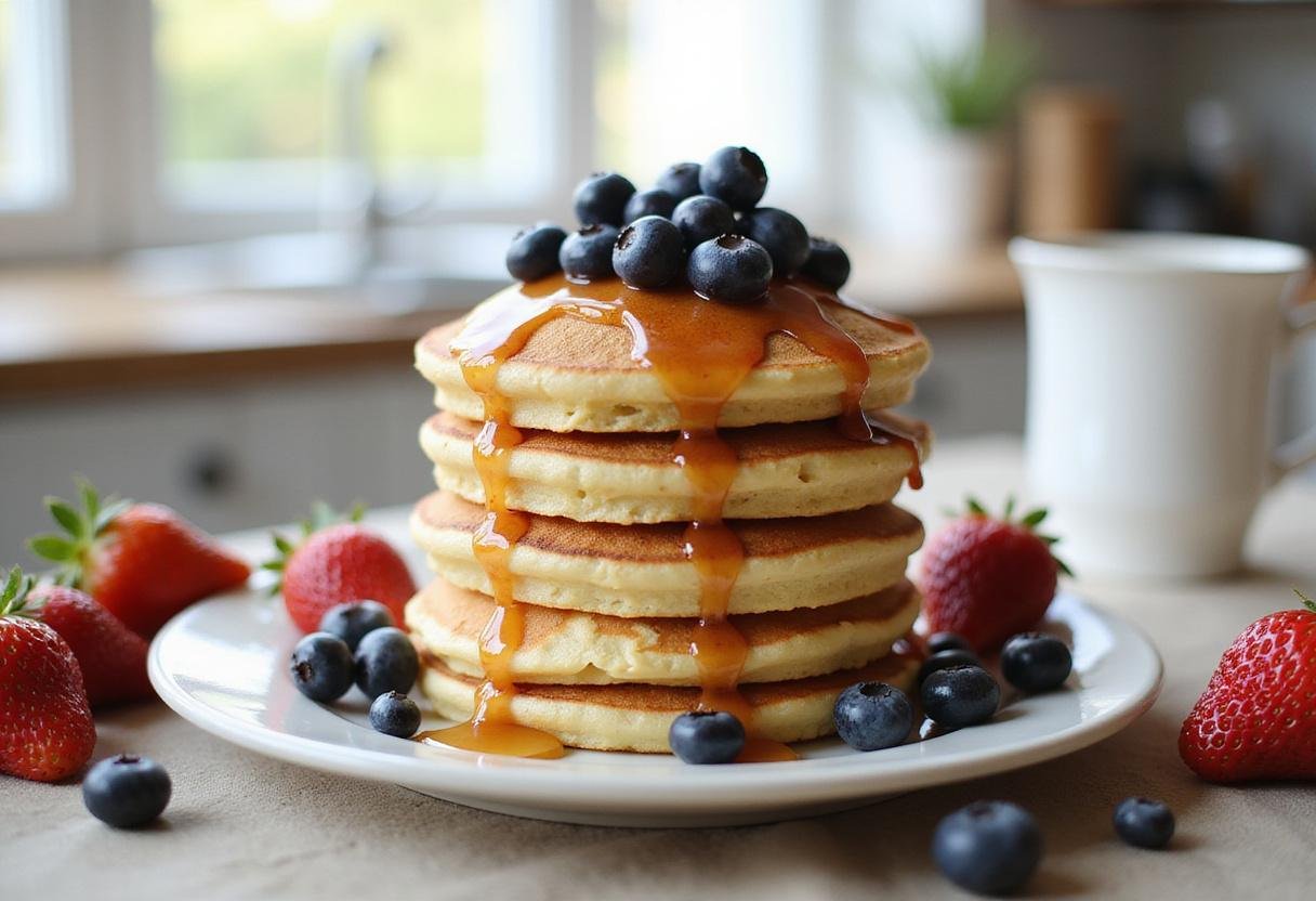 Stunning presentation of Gilmore Girls Pancake Stack with syrup and berries on a bright breakfast table.