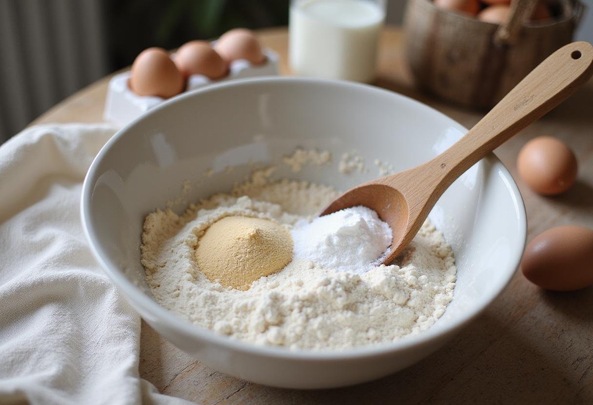 Cozy kitchen scene with ingredients for Gilmore Girls Pancake Stack including flour, sugar, and baking powder.