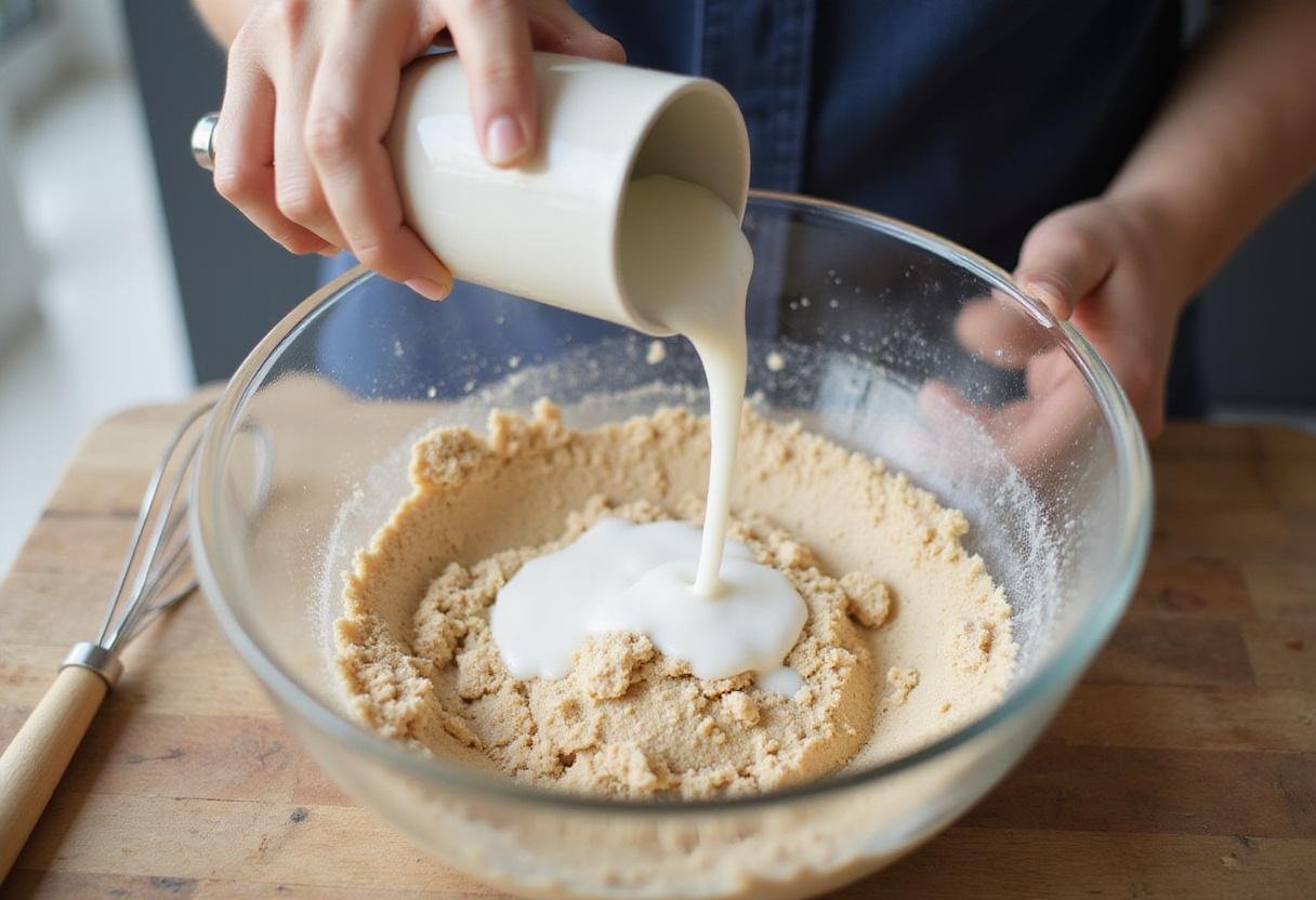 Pouring milk into the bowl for Gilmore Girls Pancake Stack recipe, showcasing the mixing of ingredients.
