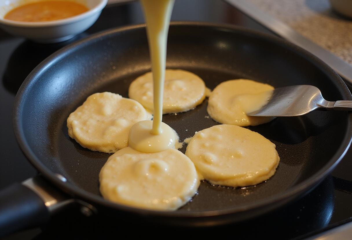 Pancake batter poured into a frying pan, highlighting the process for making Gilmore Girls Pancake Stack.