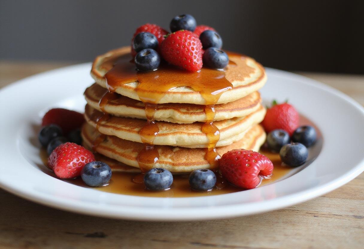 Delicious stack of Gilmore Girls Pancakes with maple syrup and fresh berries on a plate.
