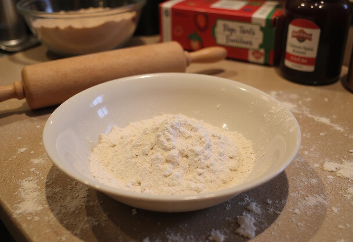 Preparing dough for homemade Gilmore Girls Pop Tarts with flour and fresh strawberries in a cozy kitchen.