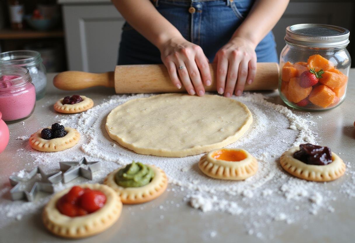 Rolling out dough for homemade Pop Tarts, a fun baking activity inspired by Gilmore Girls, showcasing colorful fillings in the kitchen.