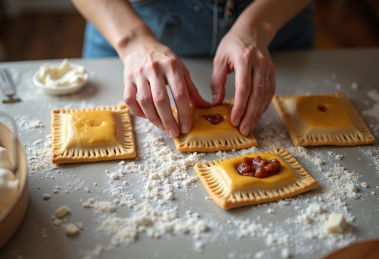 Assembling Gilmore Girls style Pop Tarts by placing fruity filling between dough, a delightful step in baking these treats.