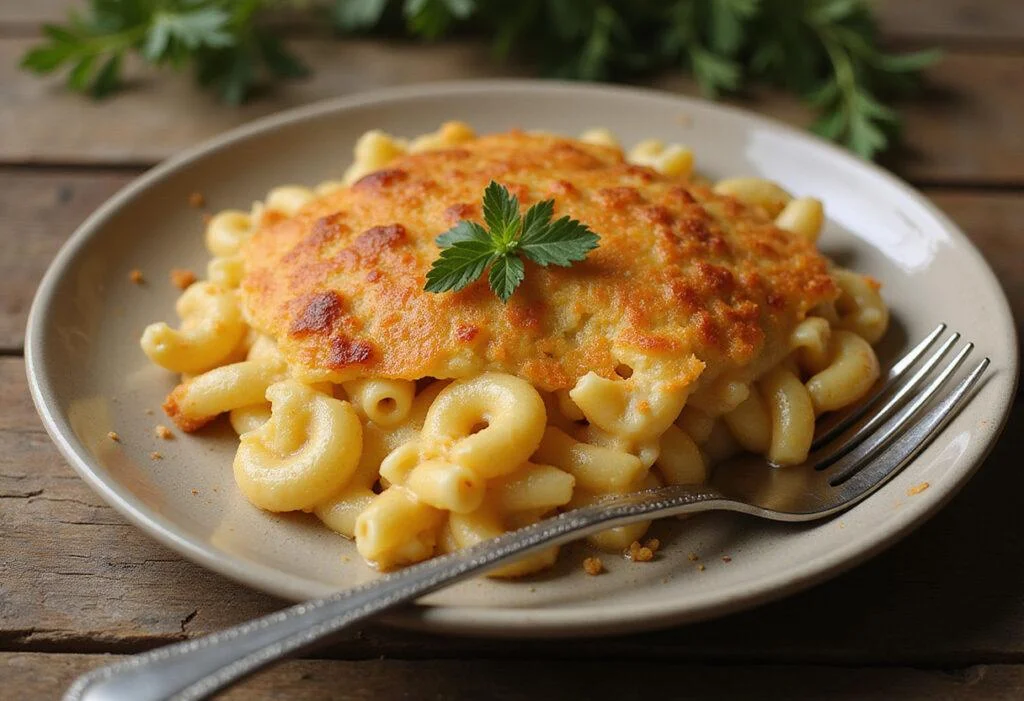 The final result of Rory's Mac and Cheese, featuring a golden crust and creamy inside, perfect for fans of Gilmore Girls and comfort food.