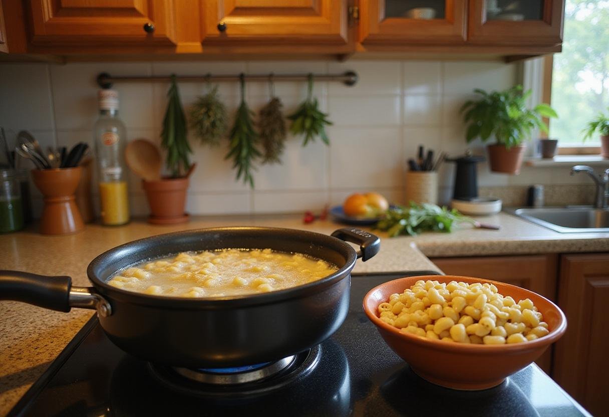 Rory's Mac and Cheese recipe begins with boiling water and elbow macaroni, set in a cozy kitchen environment.