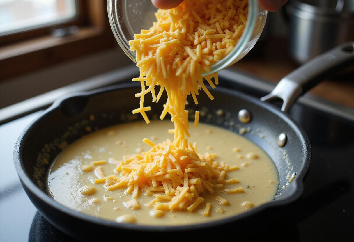 Next step for Rory's Mac and Cheese showcases melting butter and adding cheese for a deliciously creamy sauce, highlighting the cooking process.
