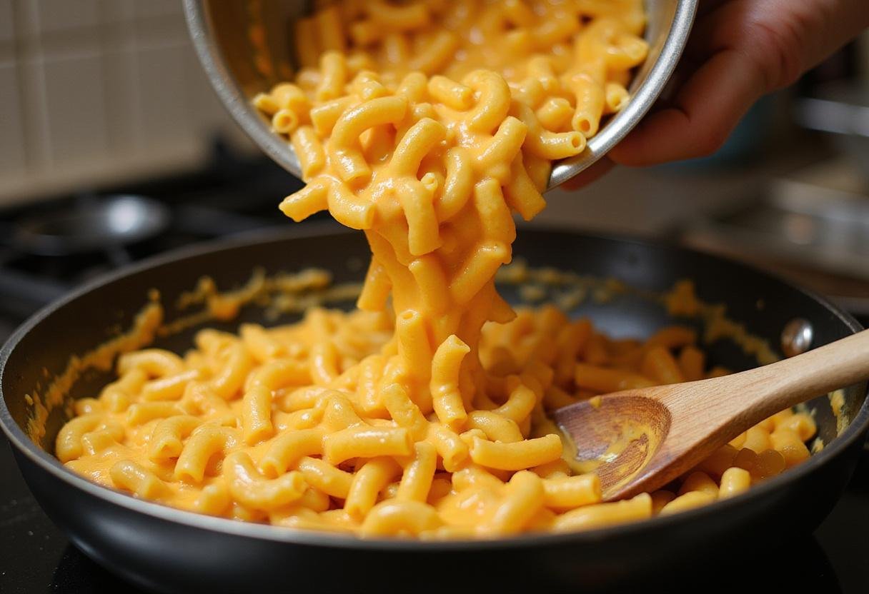 Combining macaroni with the cheese sauce is a key step in making Rory's Mac and Cheese, showing the rustic kitchen's charm.