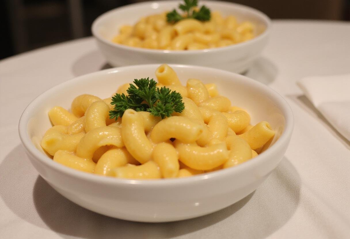 Finalizing Rory's Mac and Cheese with a delightful presentation in white bowls, perfect for enjoying this classic dish in a cozy setting.