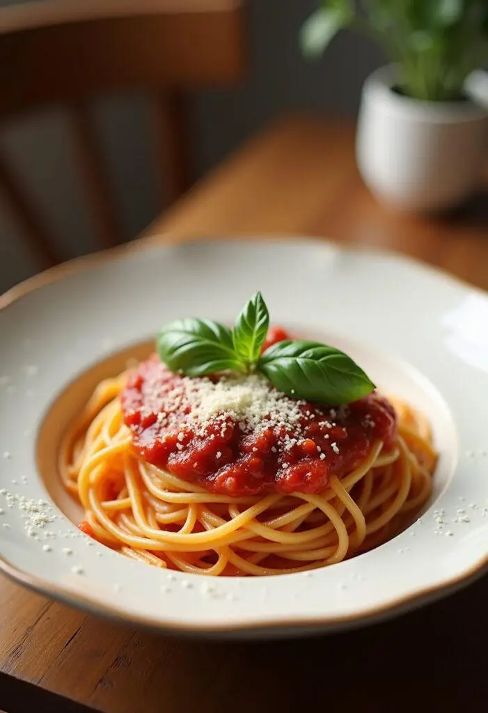 Perfectly plated spaghetti dinner inspired by Gilmore Girls, with rich tomato sauce and parmesan, ready to enjoy.