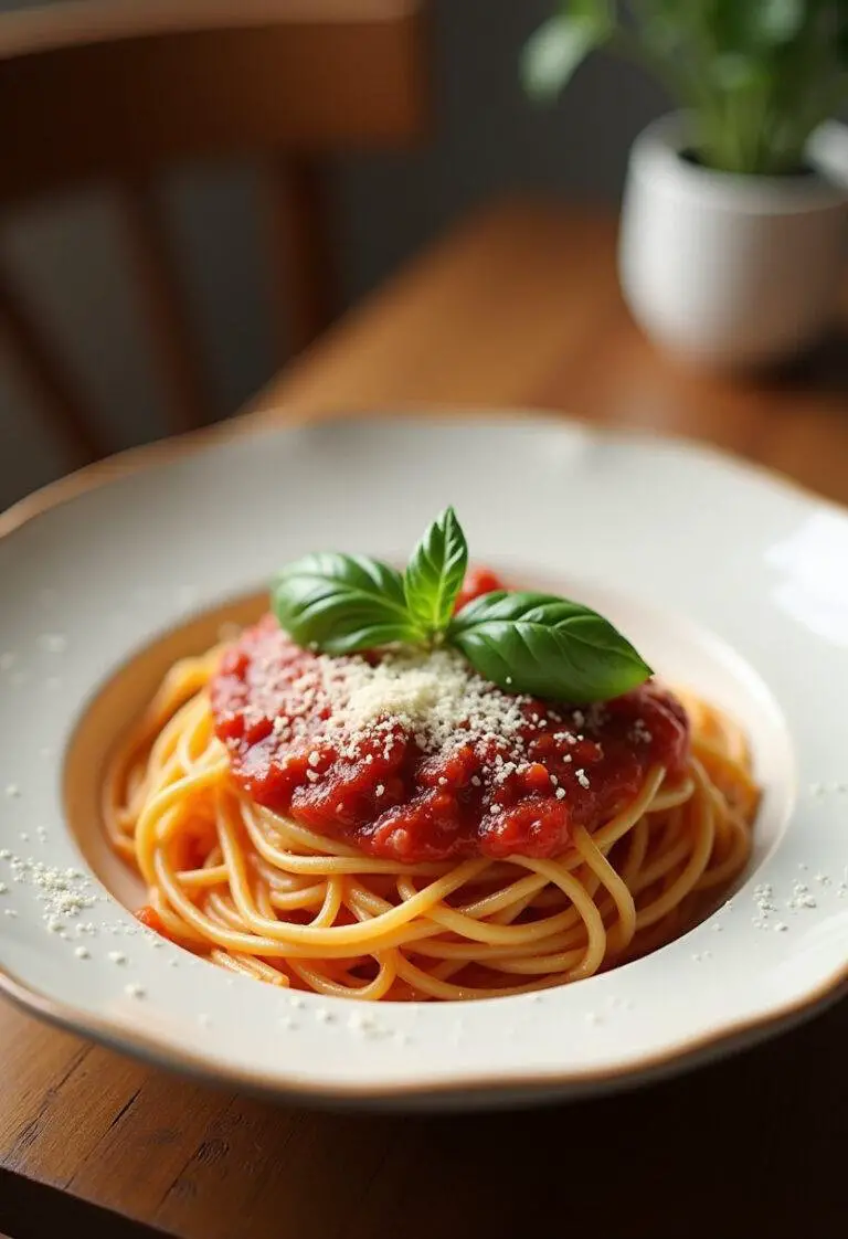 Perfectly plated spaghetti dinner inspired by Gilmore Girls, with rich tomato sauce and parmesan, ready to enjoy.