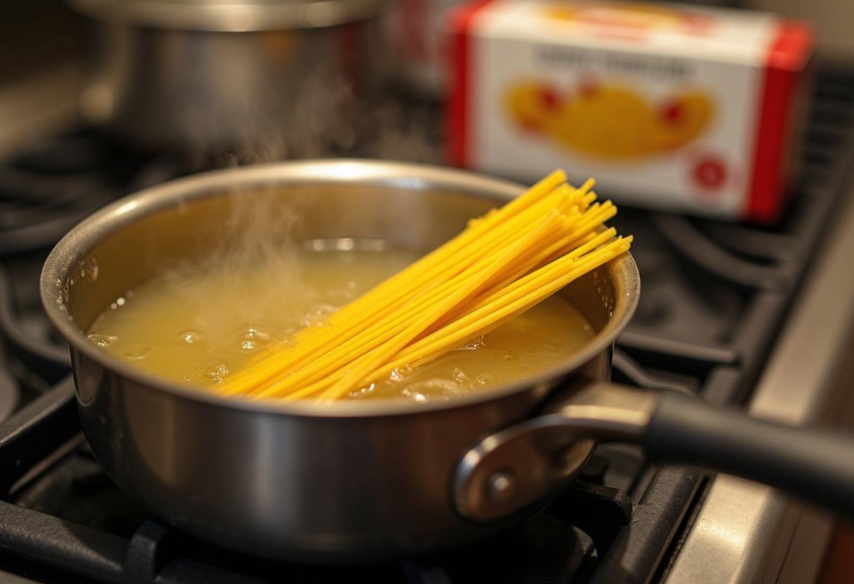 Boiling water and fresh spaghetti noodles preparing for a classic Gilmore Girls spaghetti dinner.