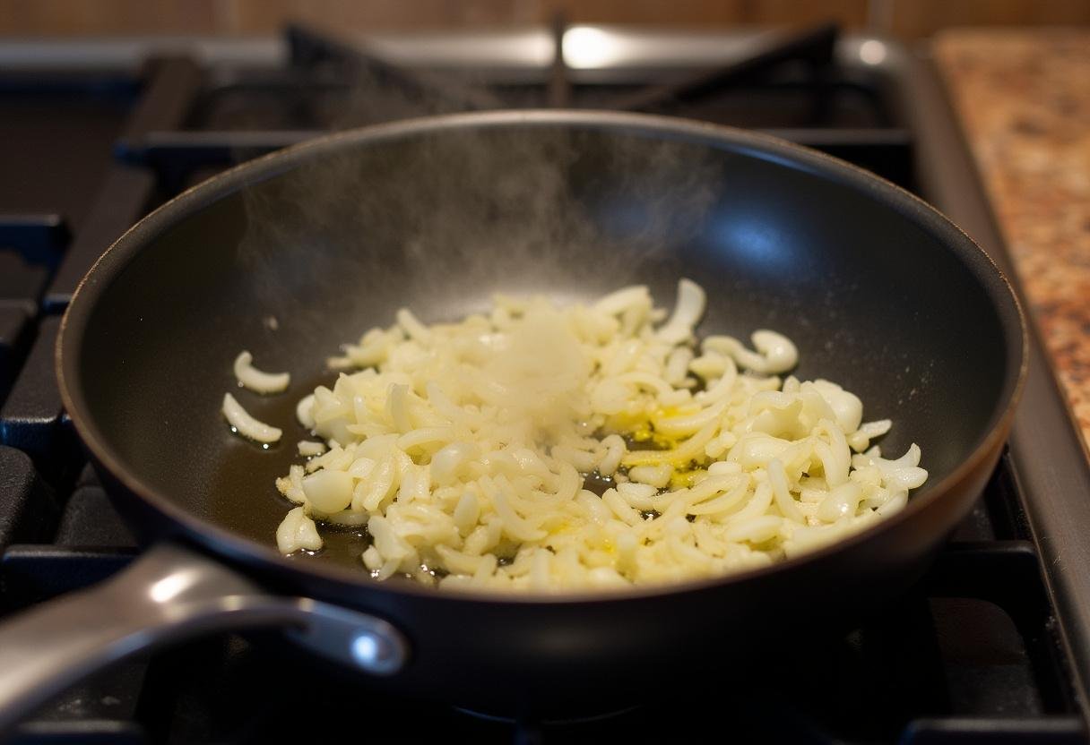 Sautéing onions and garlic in olive oil for the perfect spaghetti sauce, inspired by Gilmore Girls.