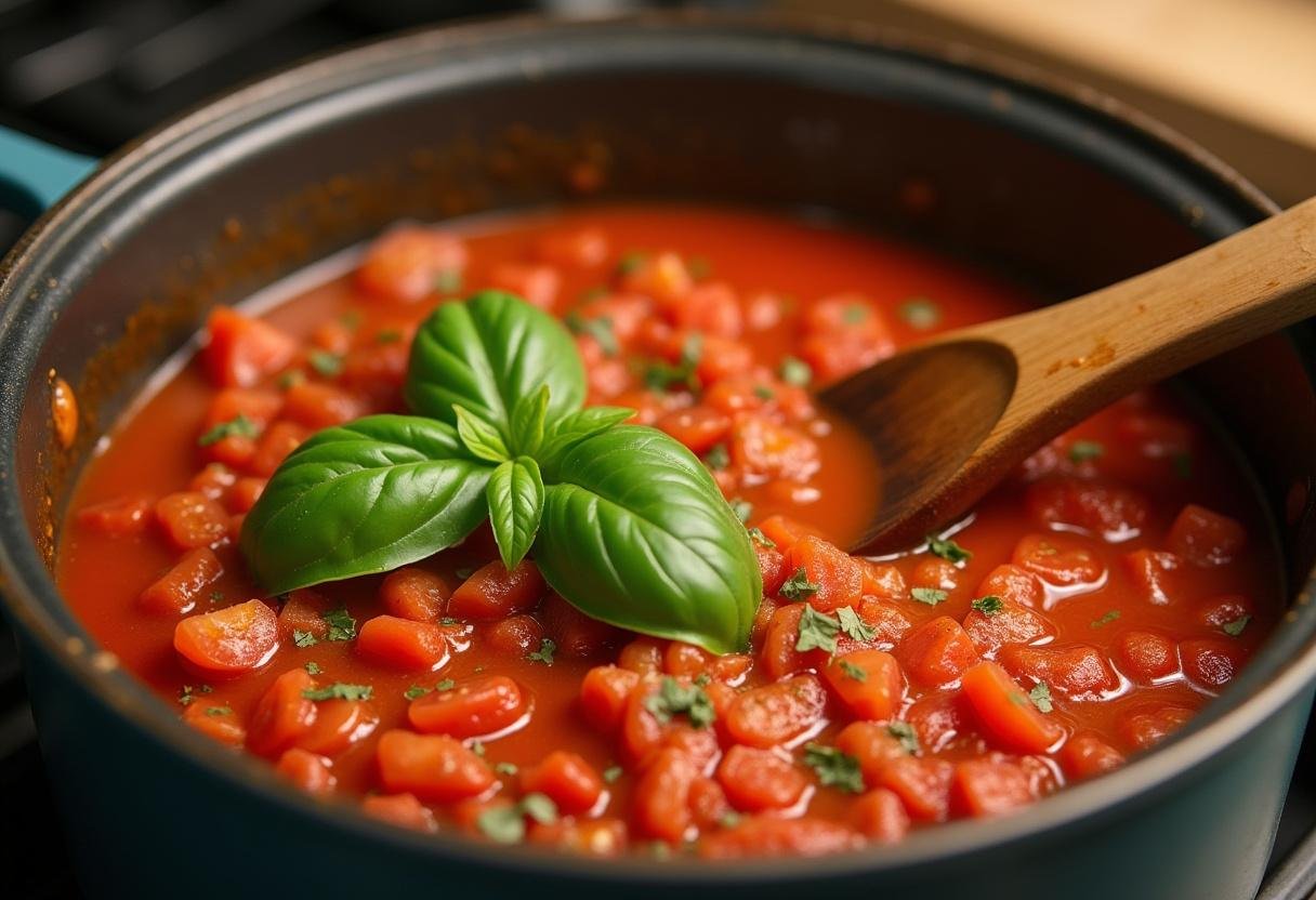 Simmering tomato sauce with basil and spices for a delicious Gilmore Girls spaghetti dinner.