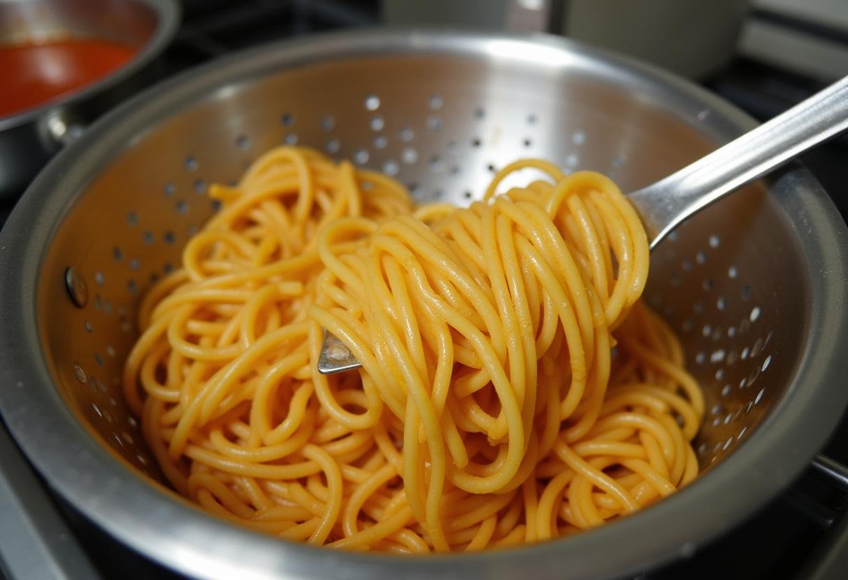 Draining cooked spaghetti noodles ready to be combined with sauce for a Gilmore Girls inspired meal.