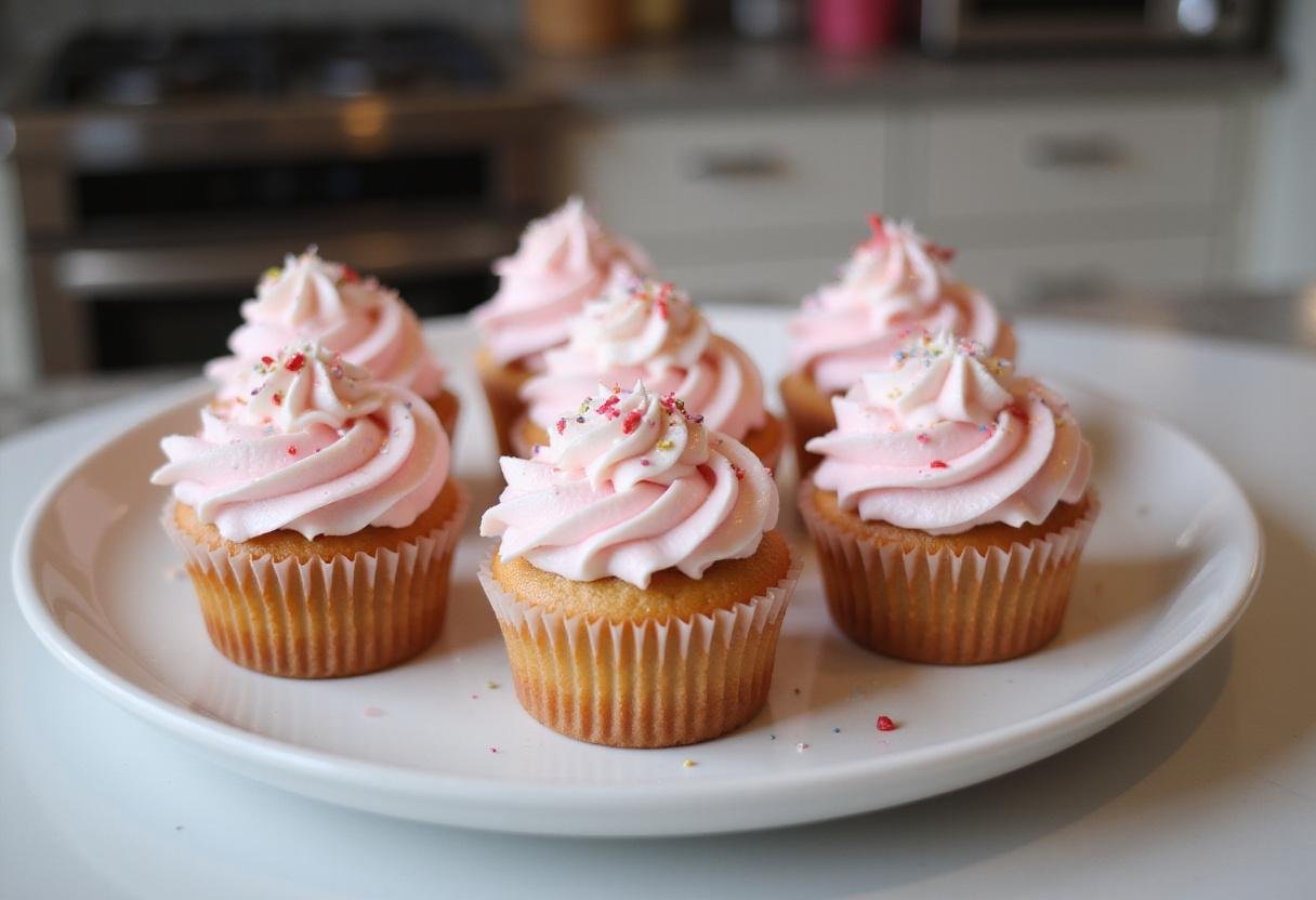 Gossip Girl Pink Cupcakes elegantly displayed with frosting and sprinkles, perfect for a stylish celebration.