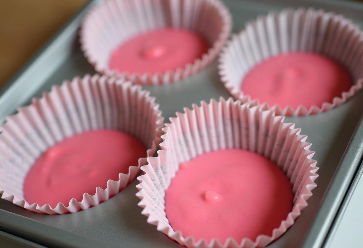 Setting up cupcake liners for the delicious Gossip Girl Pink Cupcakes in a muffin tin, preparing for baking.