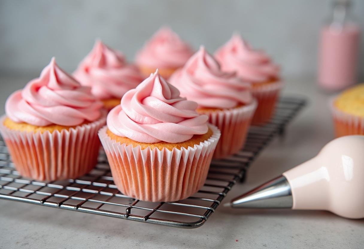 Cooling Gossip Girl Pink Cupcakes on a wire rack, with frosting ready for embellishment in a warm kitchen setting.