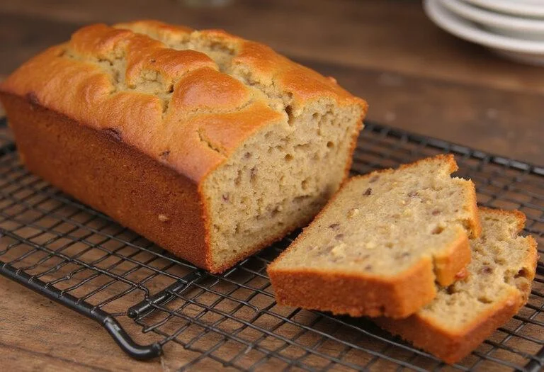 Delicious Bailey's Banana Bread displayed on a cooling rack, showcasing the final product with a warm and inviting homey feel.