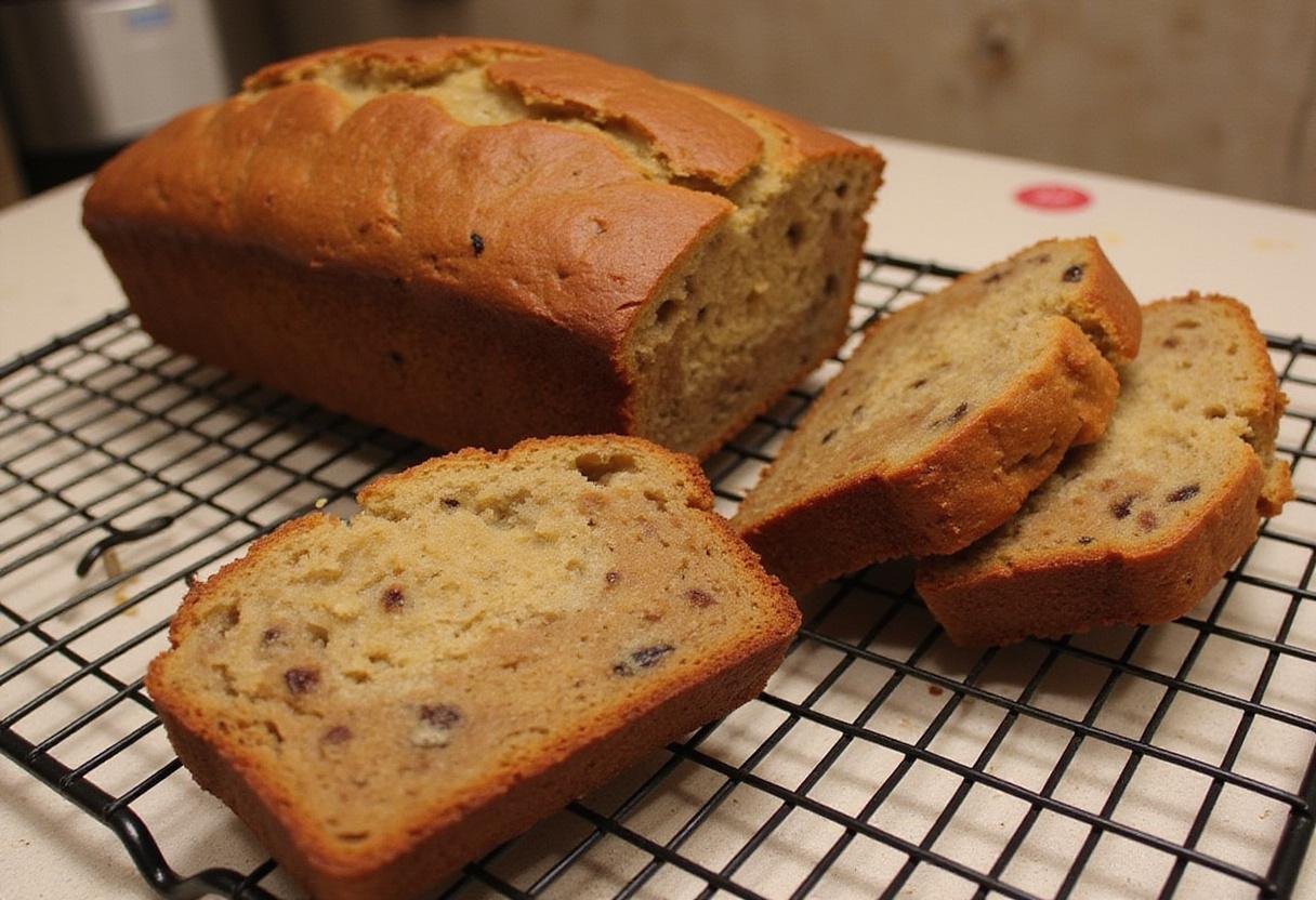 Delicious Bailey's Banana Bread displayed on a cooling rack, showcasing the final product with a warm and inviting homey feel.