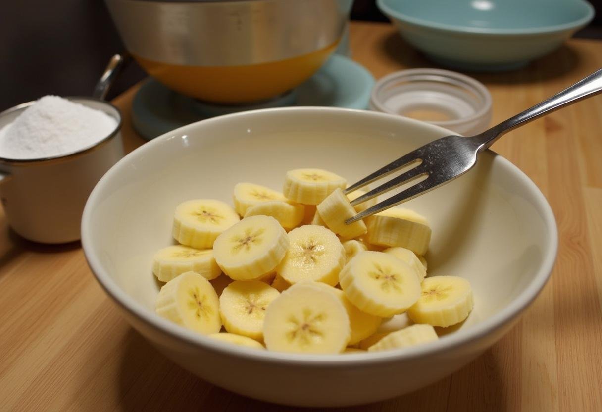 Mashed ripe bananas in a bowl for Bailey's Banana Bread, showcasing the beginning of the baking process.