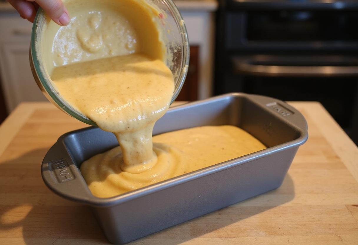 Pouring banana bread batter into a loaf pan, demonstrating the final preparation step before baking.