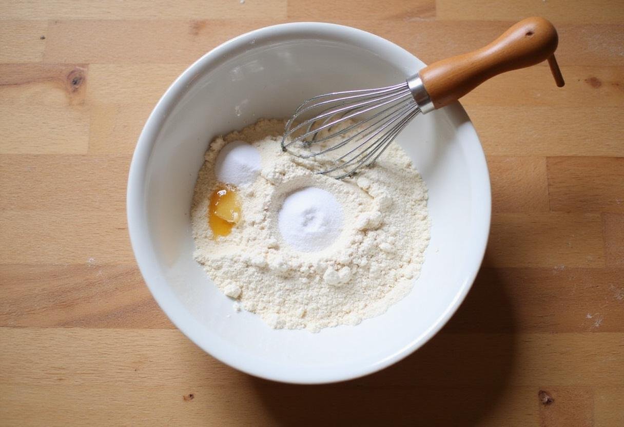 Mixing dry ingredients for Grey's Anatomy Blueberry Muffins, featuring flour and sugar in a cozy kitchen setting.