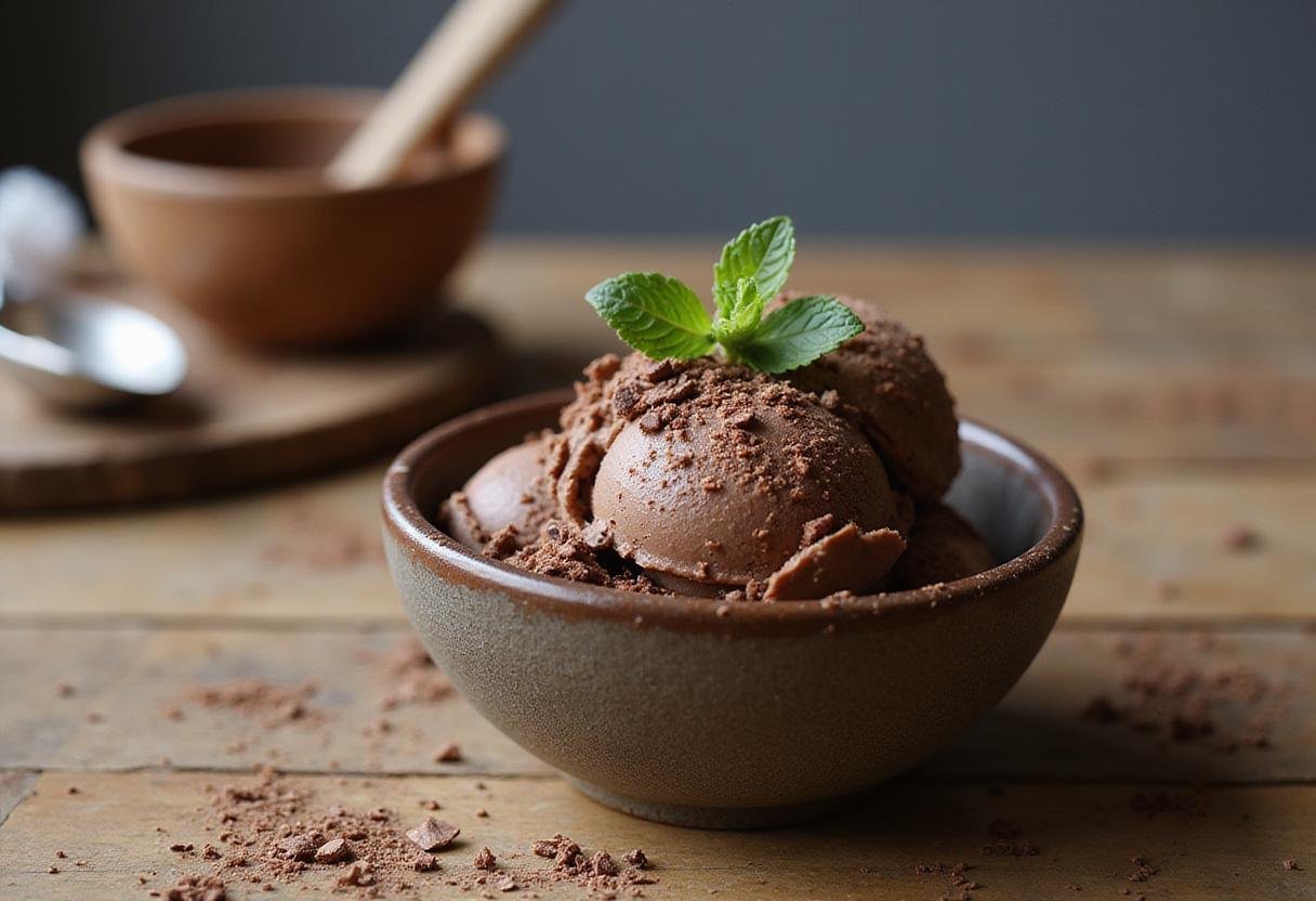 Delicious serving of Cristina's Chocolate Ice Cream from Grey's Anatomy garnished with chocolate shavings and mint.
