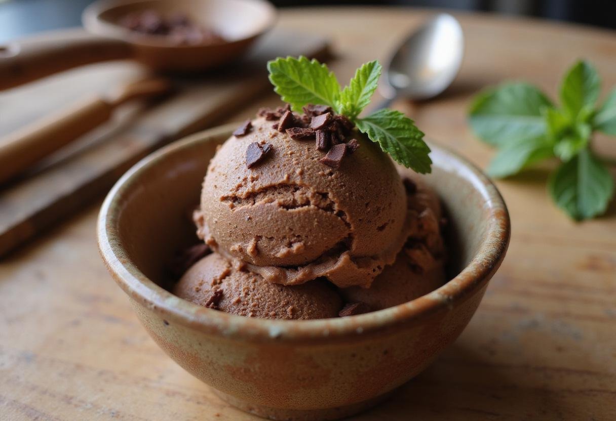 Delicious serving of Cristina's Chocolate Ice Cream from Grey's Anatomy garnished with chocolate shavings and mint.