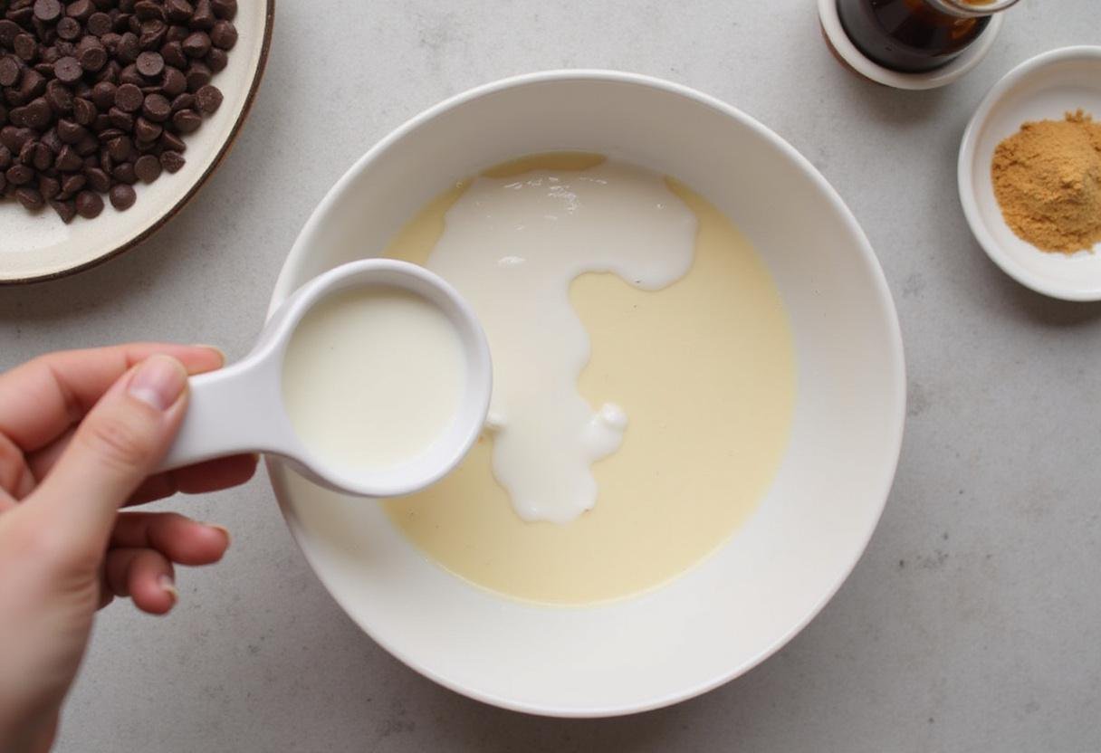 Pouring heavy cream and milk into the chocolate mixture for Grey’s Anatomy Cristina's Chocolate Ice Cream in a warm kitchen atmosphere.