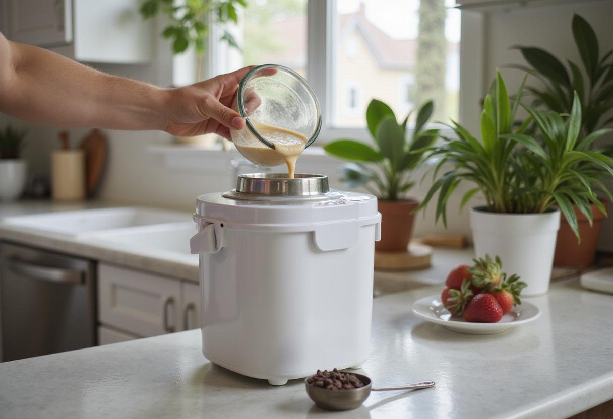 Pouring chocolate mixture into an ice cream maker for Cristina's Chocolate Ice Cream from Grey's Anatomy.