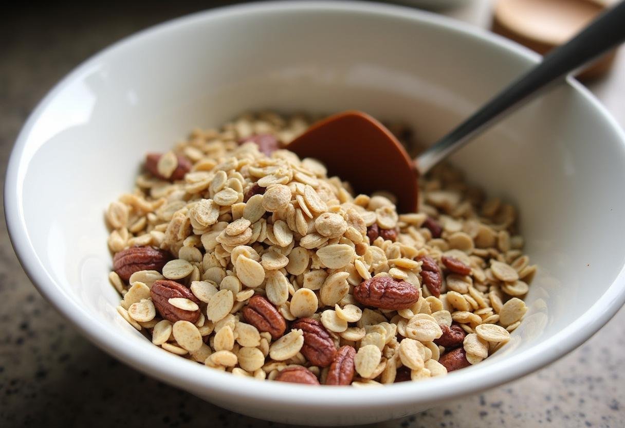 Ingredients for Grey's Anatomy Granola Bars including oats, nuts, and seeds in a mixing bowl.
