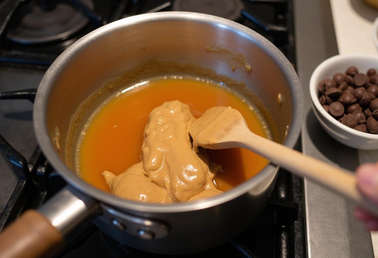 Honey and peanut butter melting in a saucepan for Grey's Anatomy Granola Bars recipe.
