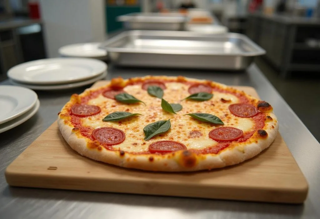 Finished Grey's Anatomy Hospital Cafeteria Pizza presented on a cutting board, ready for serving in a vibrant cafeteria environment.