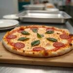 Finished Grey's Anatomy Hospital Cafeteria Pizza presented on a cutting board, ready for serving in a vibrant cafeteria environment.