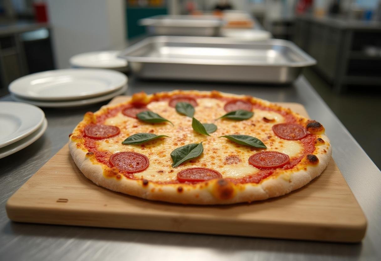 Finished Grey's Anatomy Hospital Cafeteria Pizza presented on a cutting board, ready for serving in a vibrant cafeteria environment.