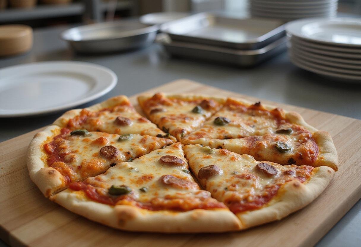 Finished Grey's Anatomy Hospital Cafeteria Pizza presented on a cutting board, ready for serving in a vibrant cafeteria environment.